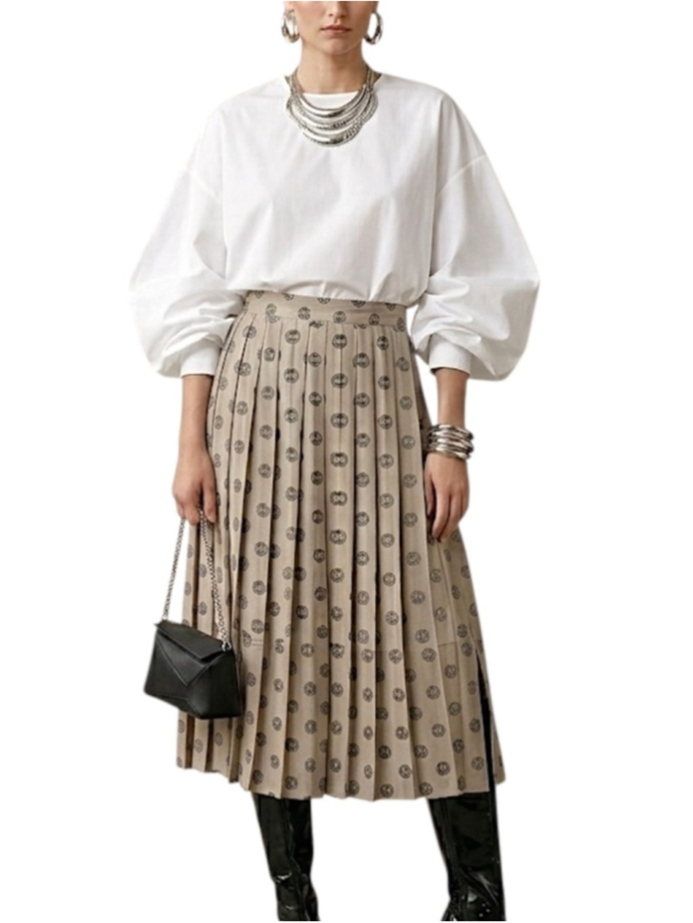 Vintage 80s grey beige black print pleated a line old money midi skirt EU 40